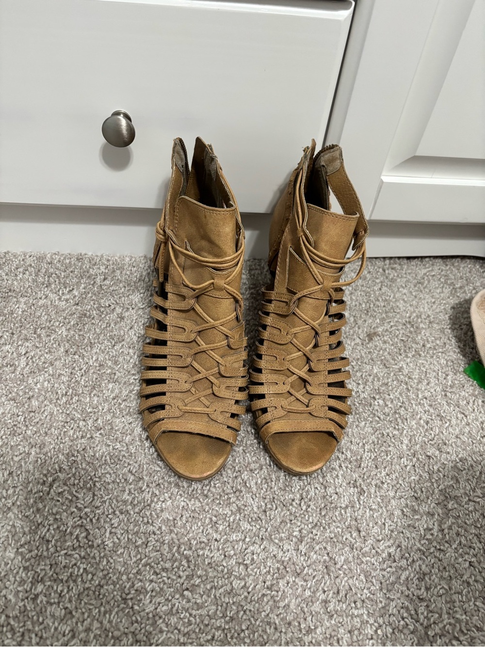 Woven Peep-Toe Lace-Up Sandal in Tan